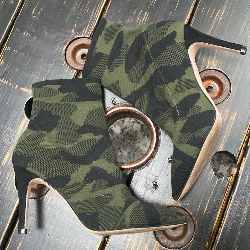 Olive Green Camo Stretch Knit Ankle Booties - Women